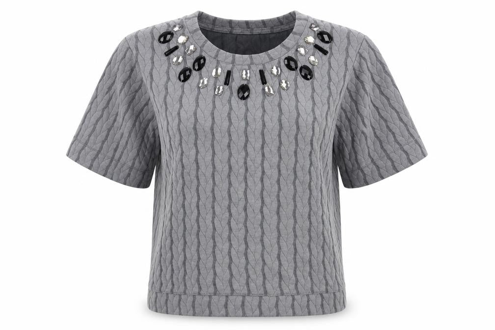 Fransa Womens Grey Geometric Polyester Basic Blouse Size XS Round Neck