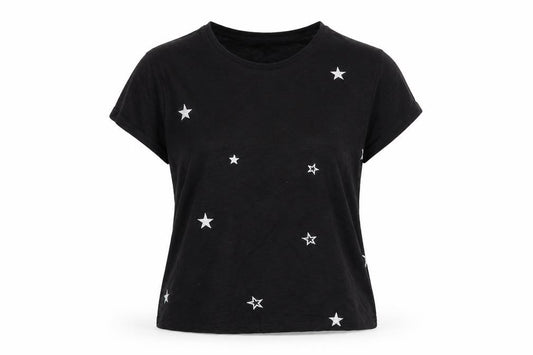 Primark Womens Black Geometric Polyester Basic T-Shirt Size 4 Crew Neck - Stars
