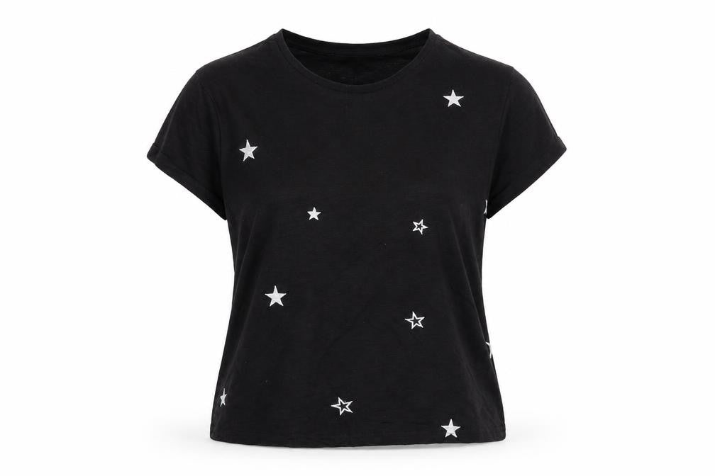 Primark Womens Black Geometric Polyester Basic T-Shirt Size 4 Crew Neck - Stars