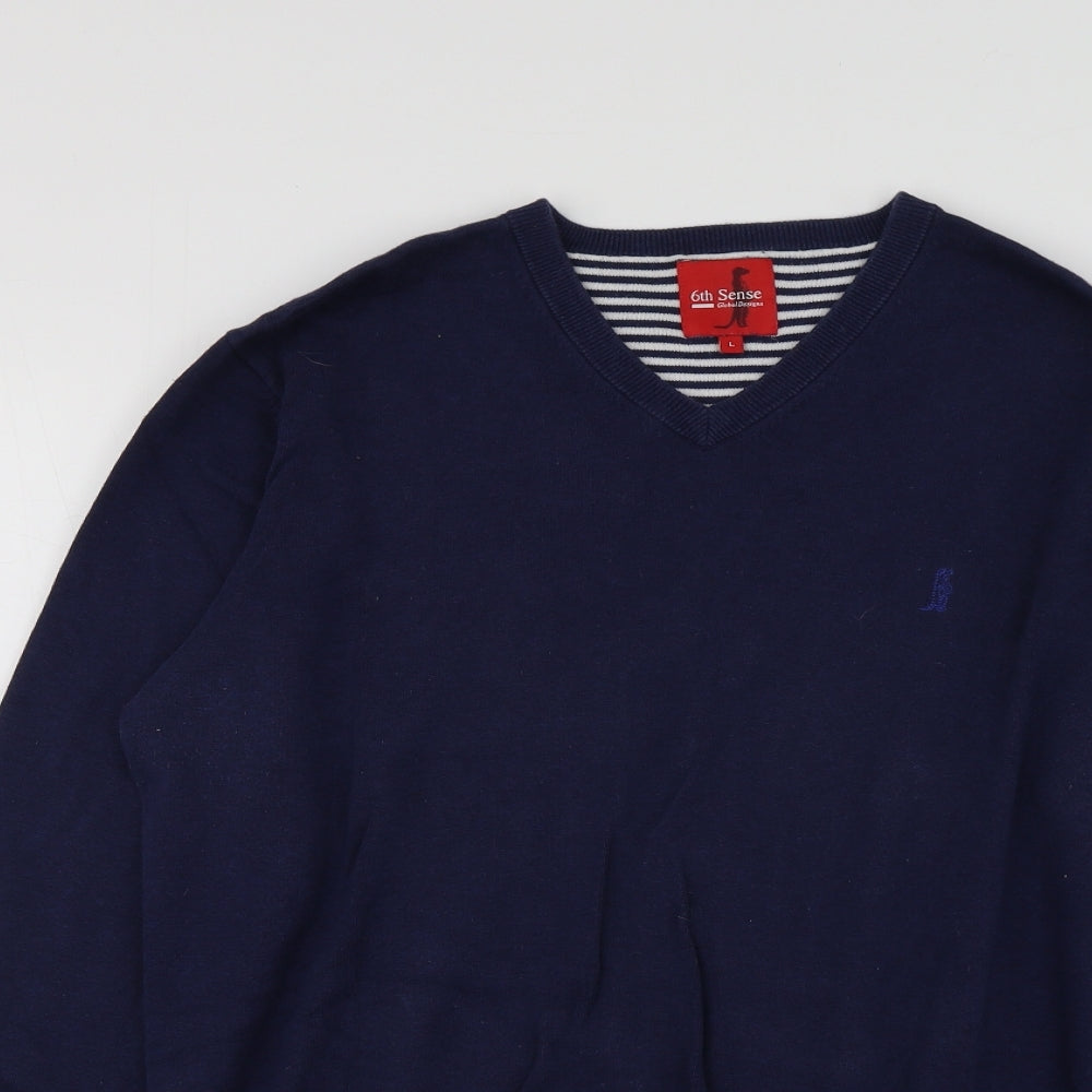 6th Sense Mens Blue V-Neck  Cotton Pullover Jumper Size L