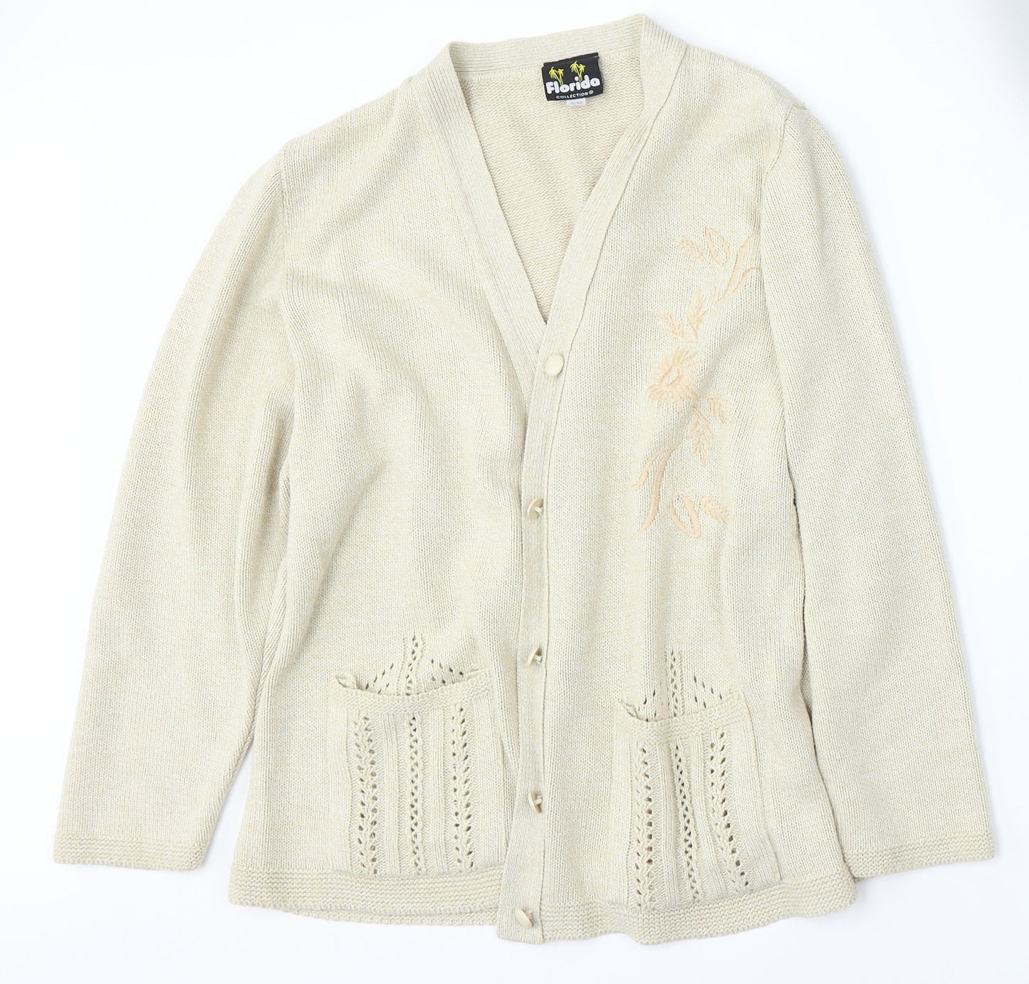 Florida Womens Beige V-Neck  Acrylic Cardigan Jumper Size S