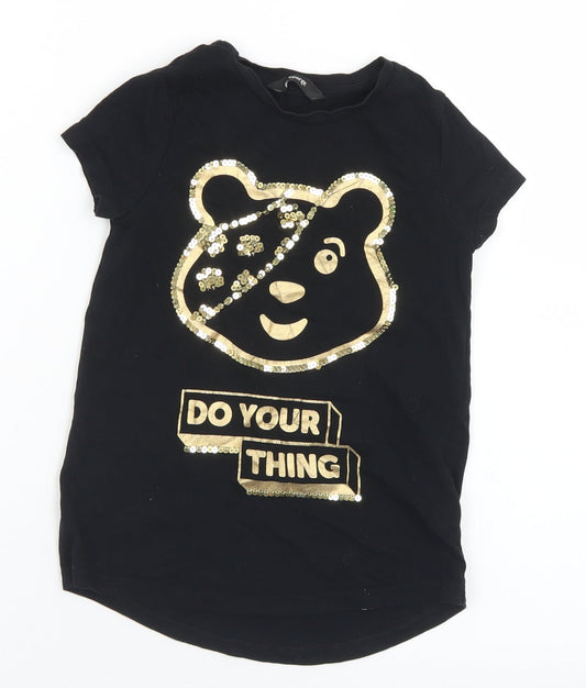 George Girls Black  Cotton Basic T-Shirt Size 4-5 Years Crew Neck  - Pudsey