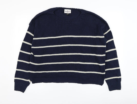 SweaterCo Womens Blue Round Neck Striped Cotton Pullover Jumper Size M