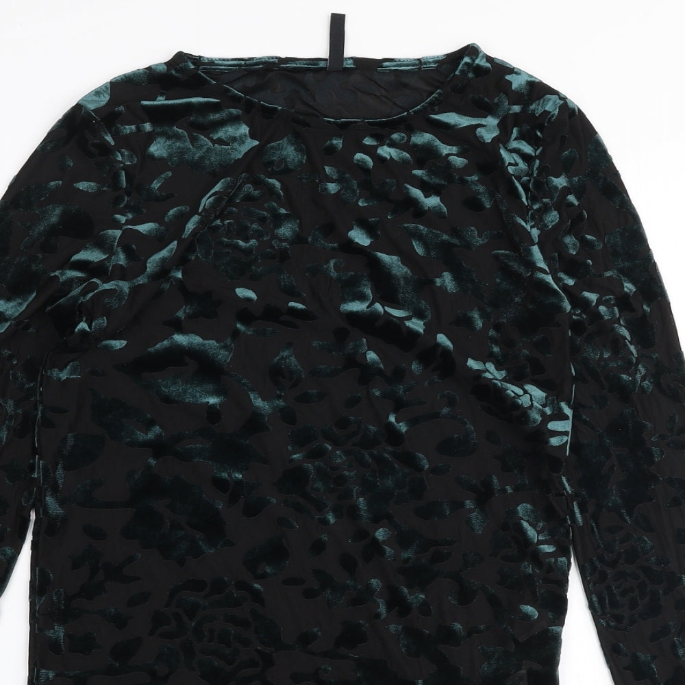 Stradivarius Womens Green Floral Polyamide Basic Blouse Size S Round Neck