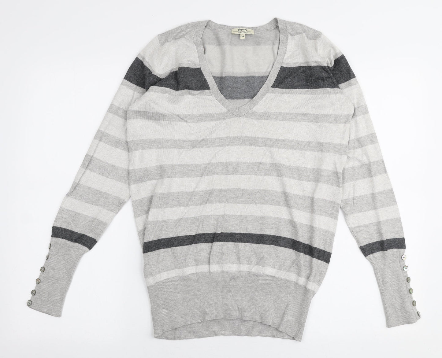 Papaya Womens Grey V-Neck Striped Polyester Pullover Jumper Size 14