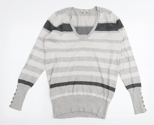 Papaya Womens Grey V-Neck Striped Polyester Pullover Jumper Size 14