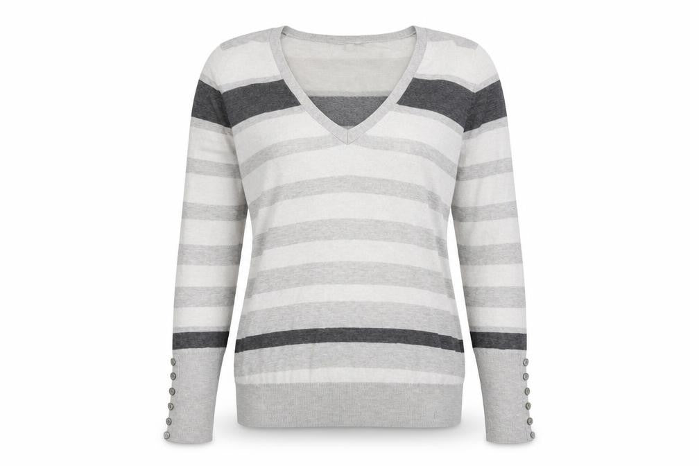 Papaya Womens Grey V-Neck Striped Polyester Pullover Jumper Size 14