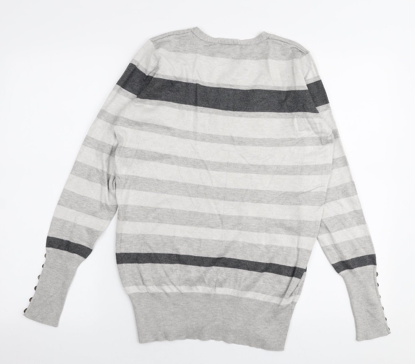 Papaya Womens Grey V-Neck Striped Polyester Pullover Jumper Size 14