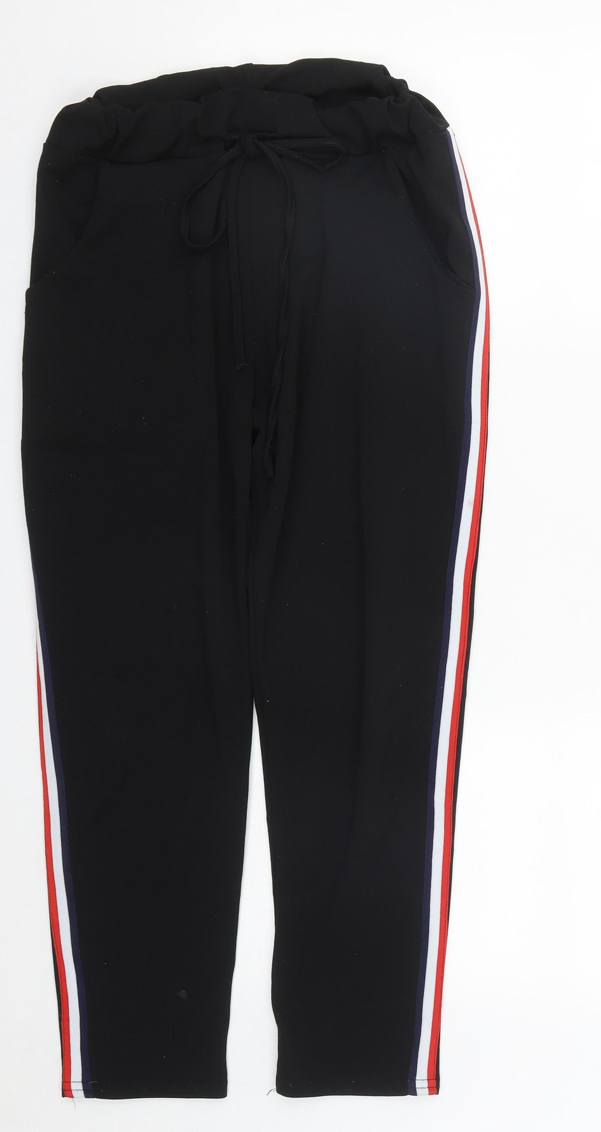Preworn Womens Black Striped Polyester Cropped Trousers Size S L24 in Regular Drawstring