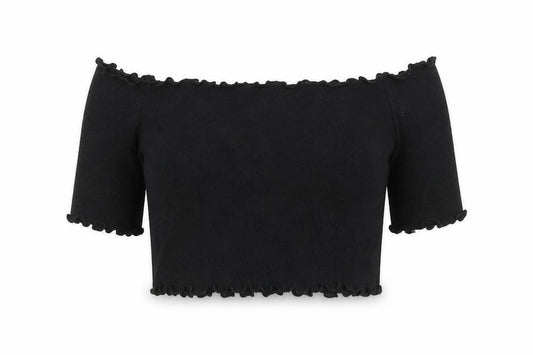 PRETTYLITTLETHING Womens Black  Polyester Cropped T-Shirt Size 10 Off the Shoulder