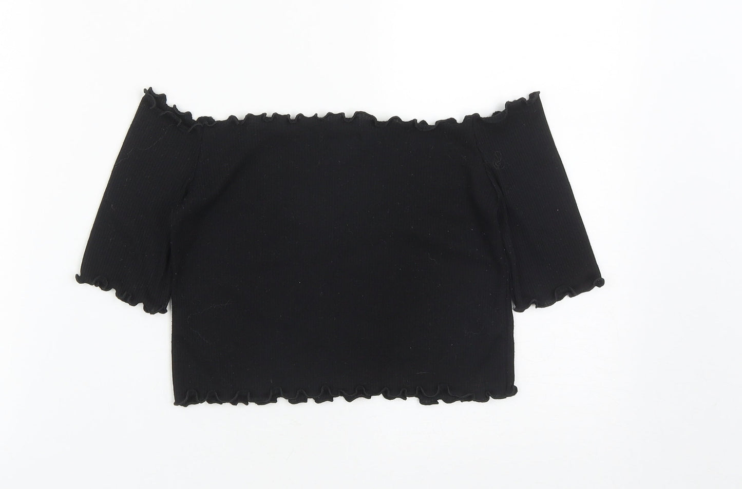 PRETTYLITTLETHING Womens Black  Polyester Cropped T-Shirt Size 10 Off the Shoulder