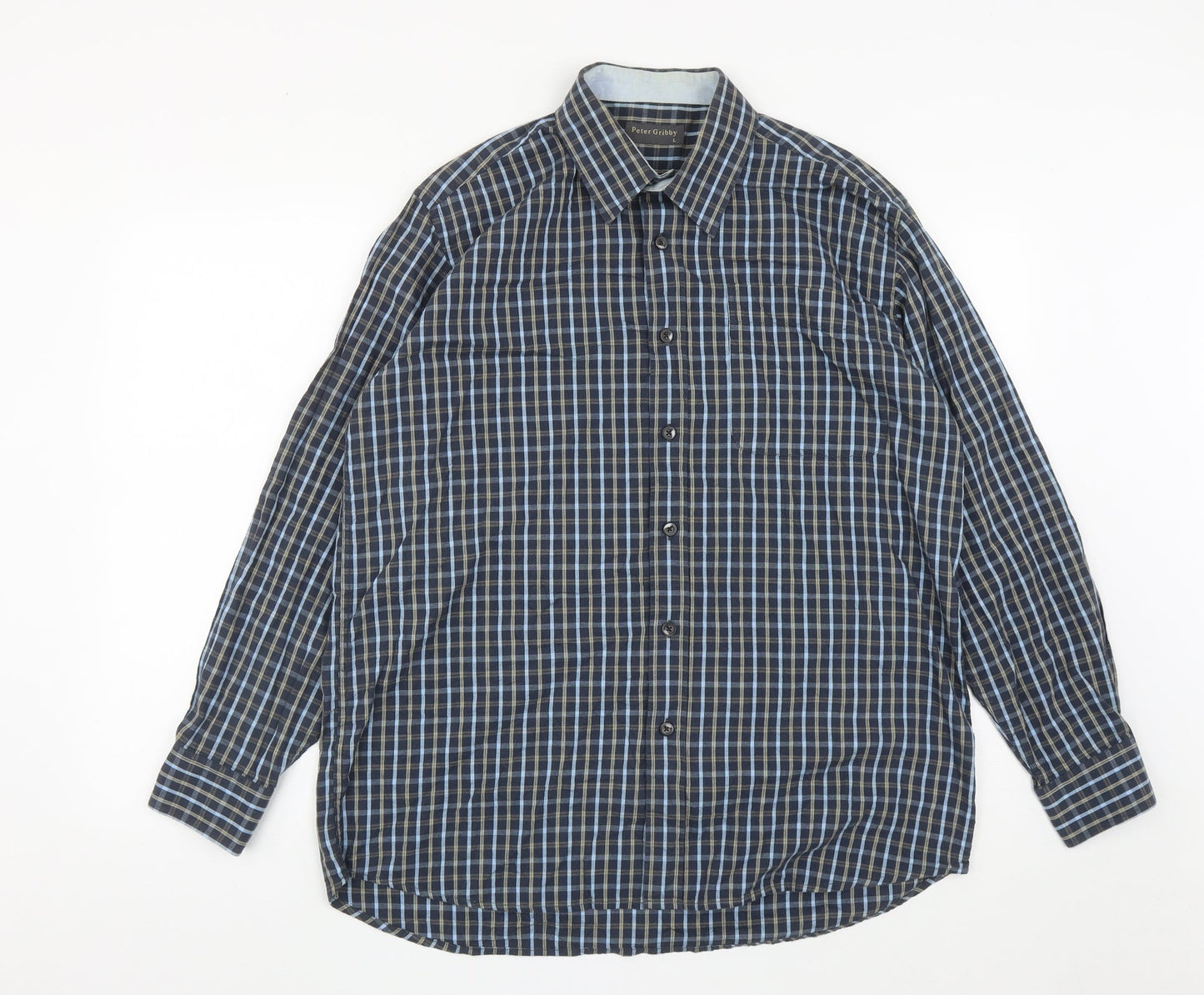 Peter Gribby Mens Blue Plaid Cotton  Button-Up Size L Collared Button