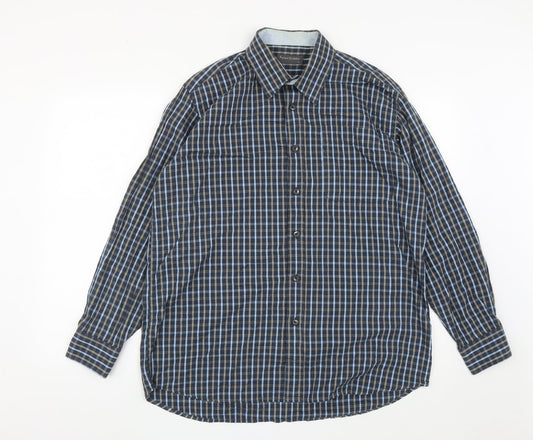 Peter Gribby Mens Blue Plaid Cotton  Button-Up Size L Collared Button
