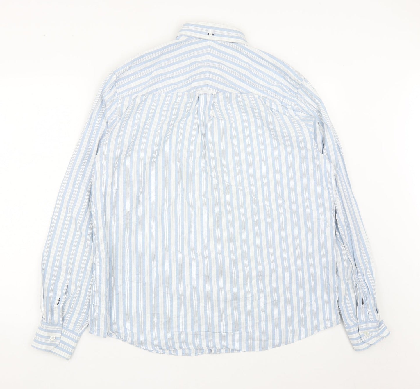 John Lewis Mens Blue Striped Cotton  Button-Up Size L Collared Buckle