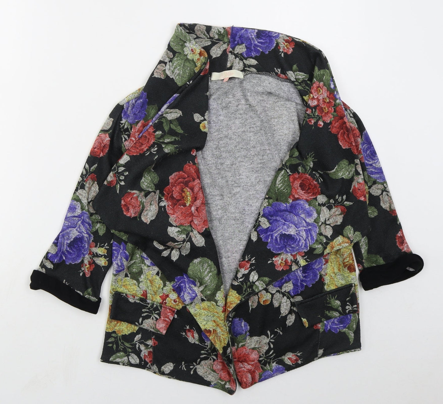 Miso Womens Black V-Neck Floral Polyester Cardigan Jumper Size 10