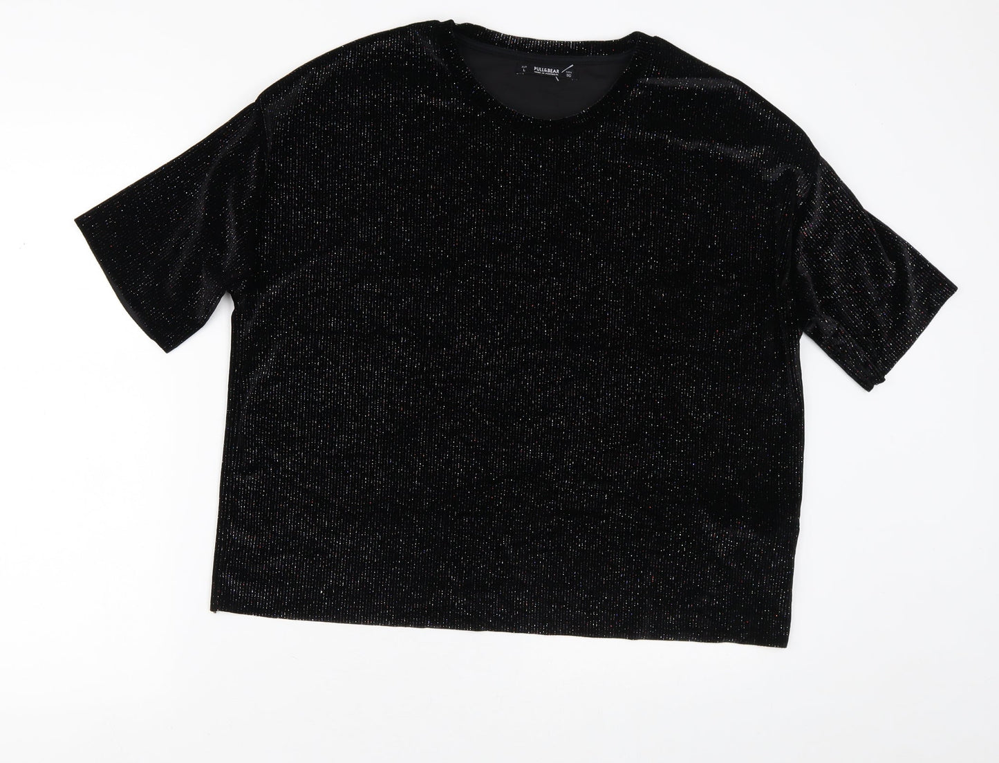 Pull&Bear Womens Black Striped Polyester Basic T-Shirt Size L Crew Neck