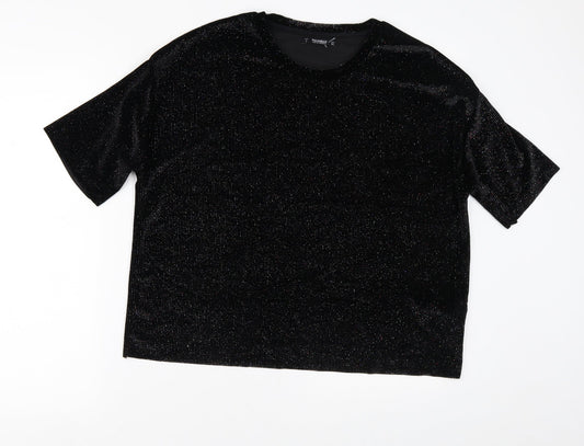 Pull&Bear Womens Black Striped Polyester Basic T-Shirt Size L Crew Neck