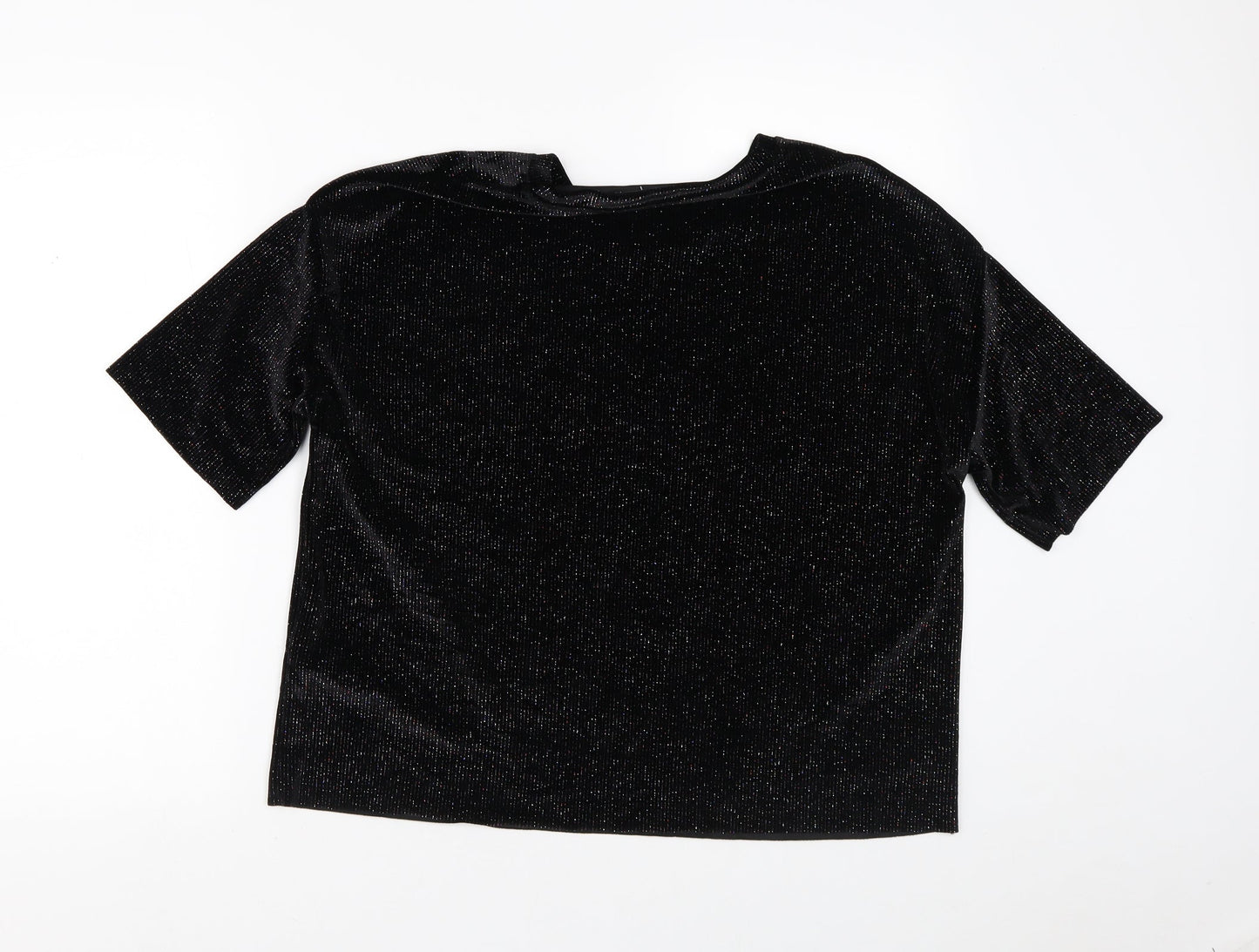 Pull&Bear Womens Black Striped Polyester Basic T-Shirt Size L Crew Neck