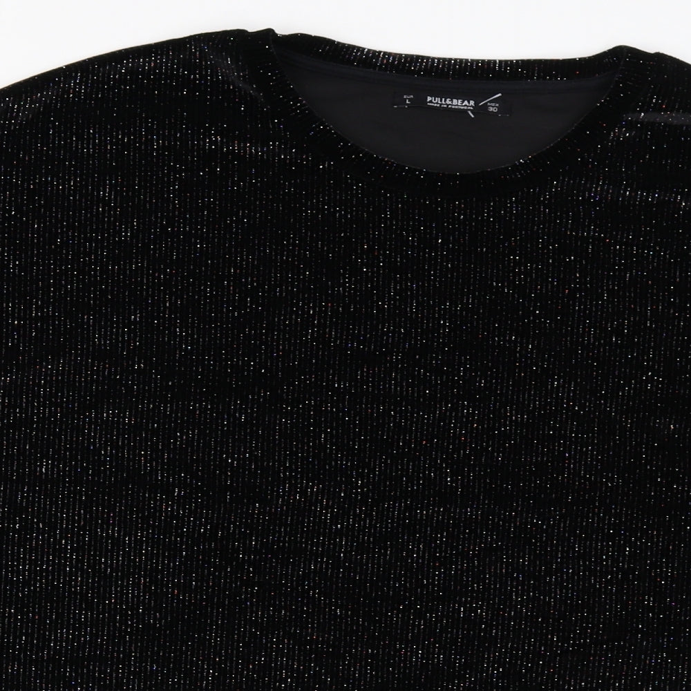 Pull&Bear Womens Black Striped Polyester Basic T-Shirt Size L Crew Neck