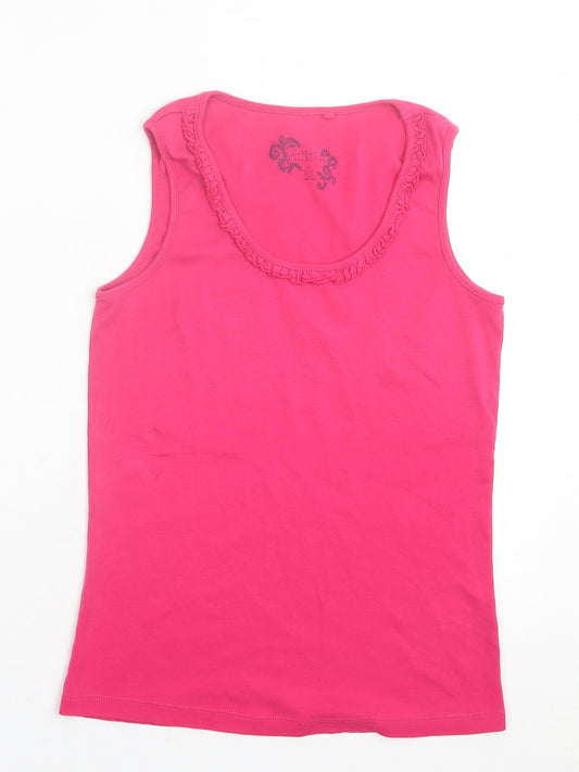 Debenhams Womens Pink  Cotton Basic Tank Size 12 Scoop Neck - Lettuce Edging Neckline