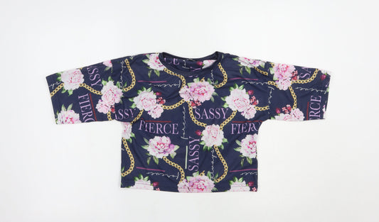 Studio Girls Blue Floral Polyester Cropped T-Shirt Size 12-13 Years Crew Neck Pullover - Sassy