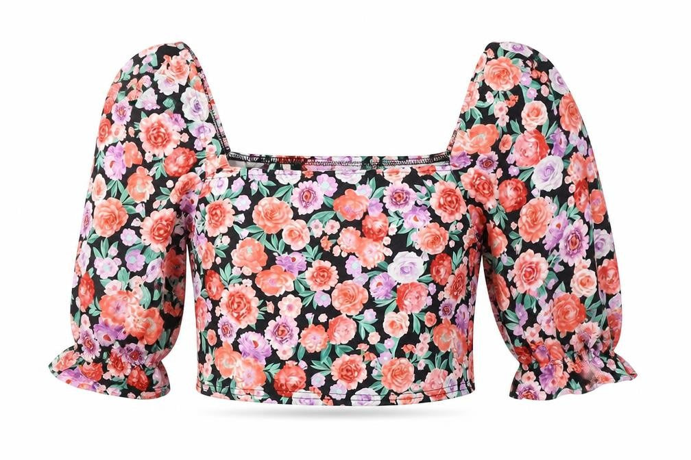 Misspap Womens Multicoloured Floral Polyester Cropped Blouse Size 12 Square Neck