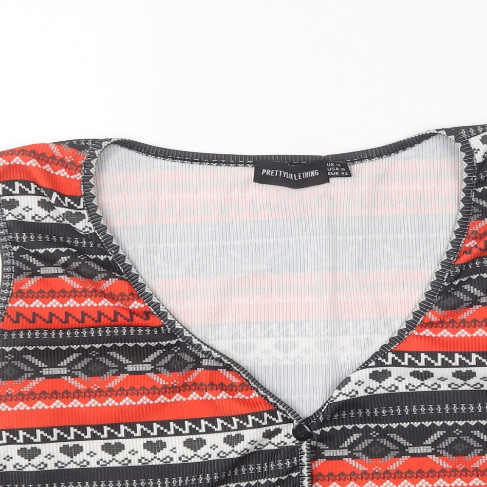 PRETTYLITTLETHING Womens Multicoloured Geometric Polyester Cropped T-Shirt Size 14 V-Neck