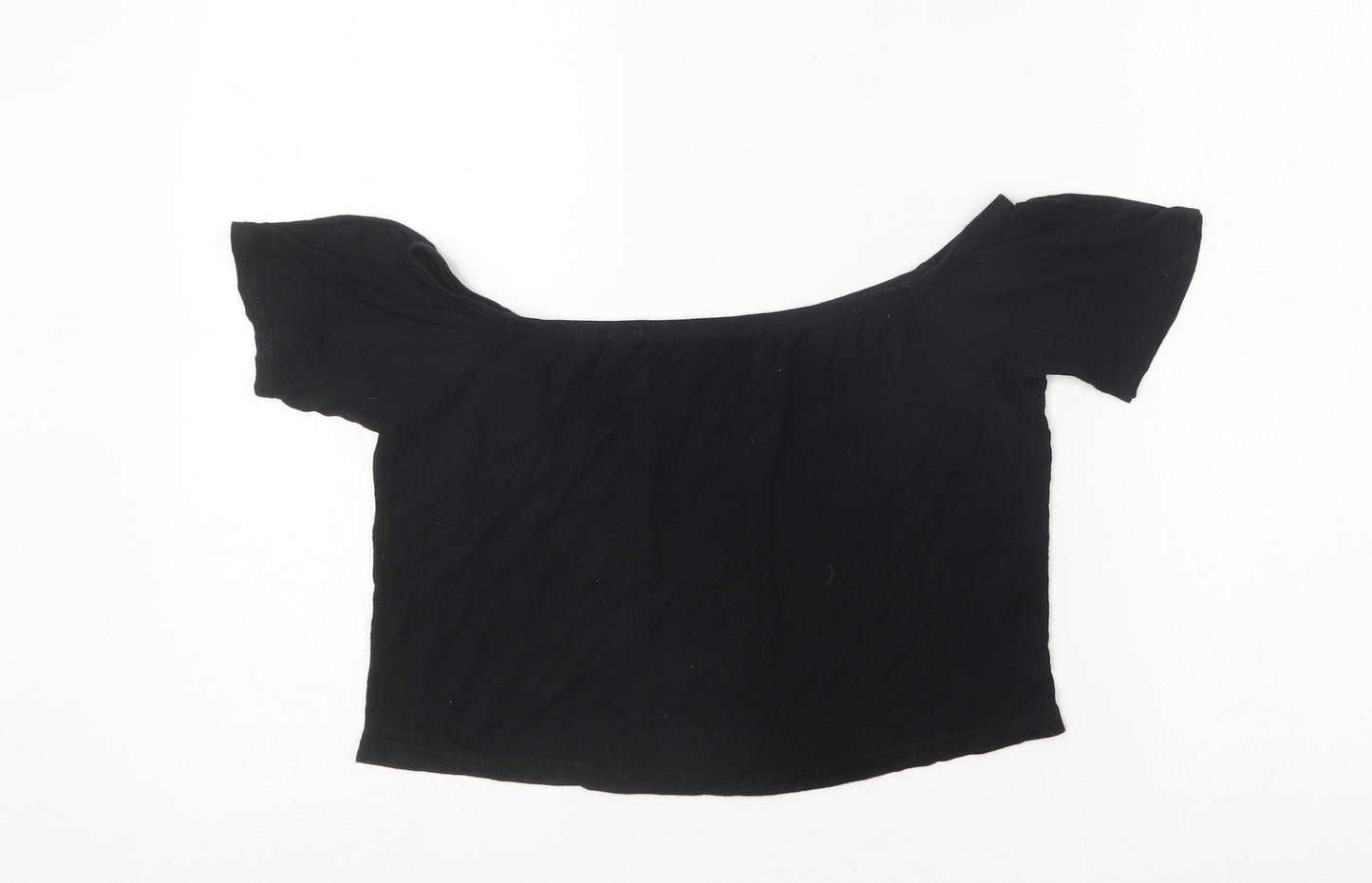 PRETTYLITTLETHING Womens Black  Viscose Cropped T-Shirt Size 14 Off the Shoulder