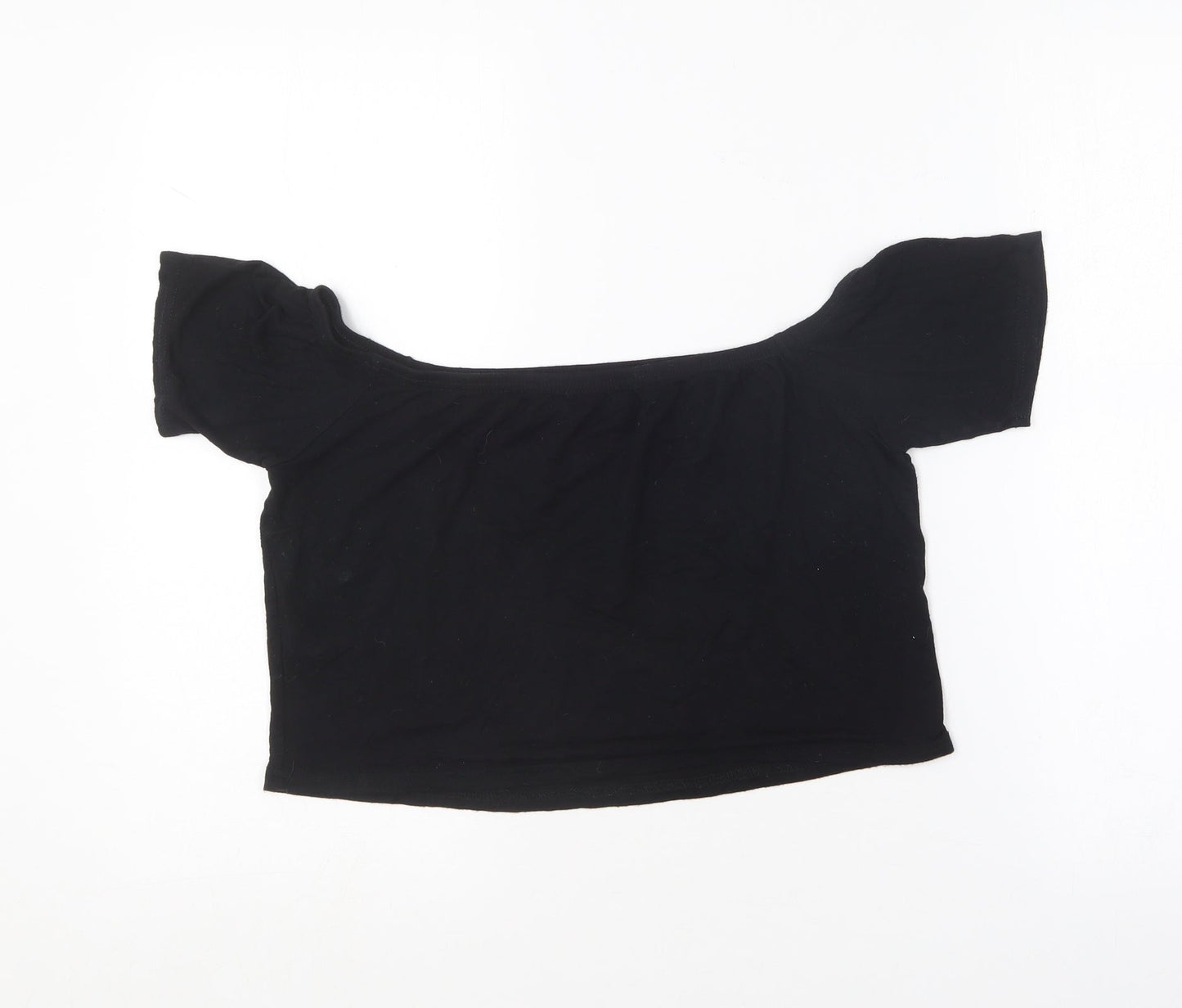 PRETTYLITTLETHING Womens Black  Viscose Cropped T-Shirt Size 14 Off the Shoulder