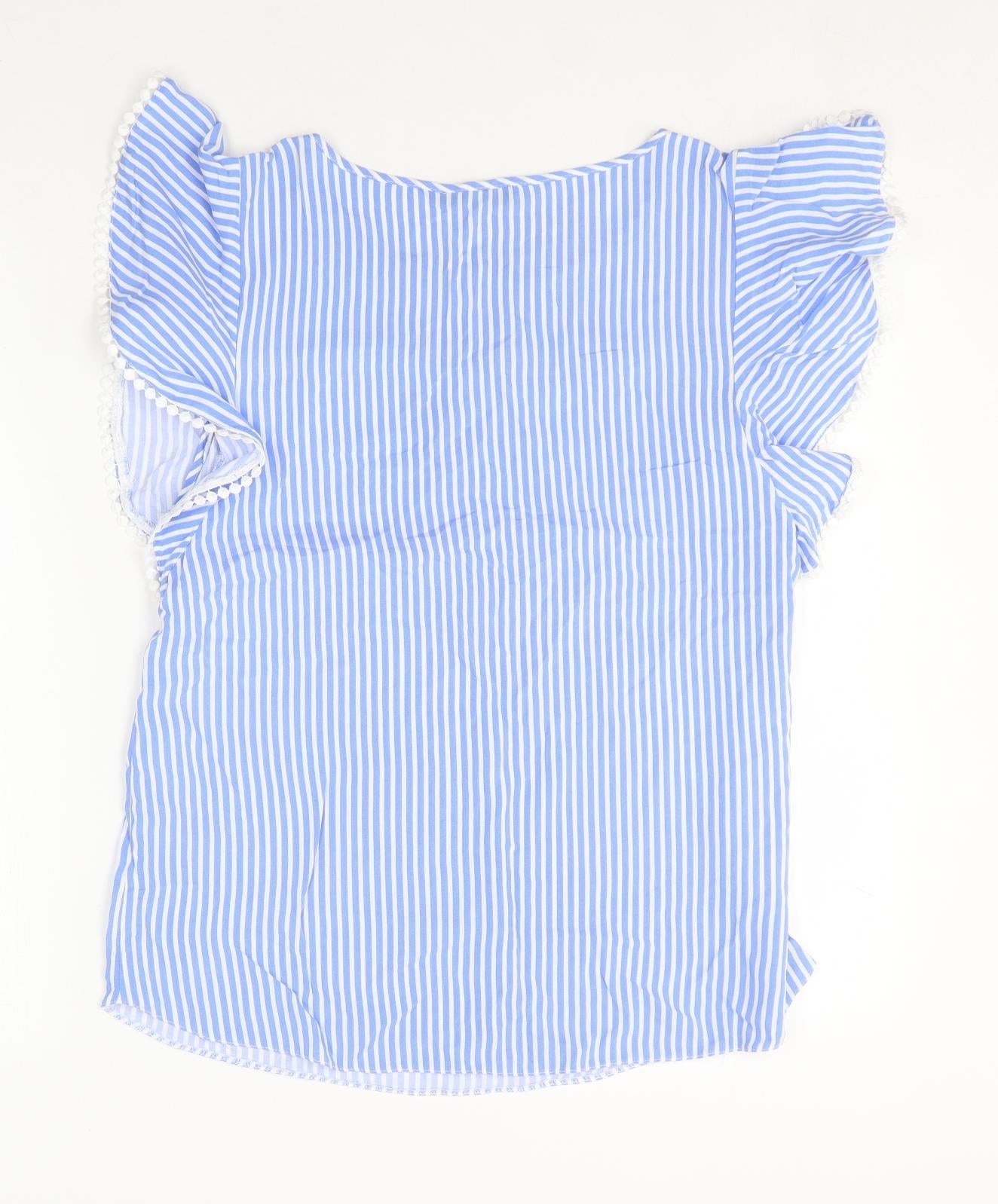 Dunnes Stores Womens Blue Striped Viscose Basic Blouse Size 12 Round Neck