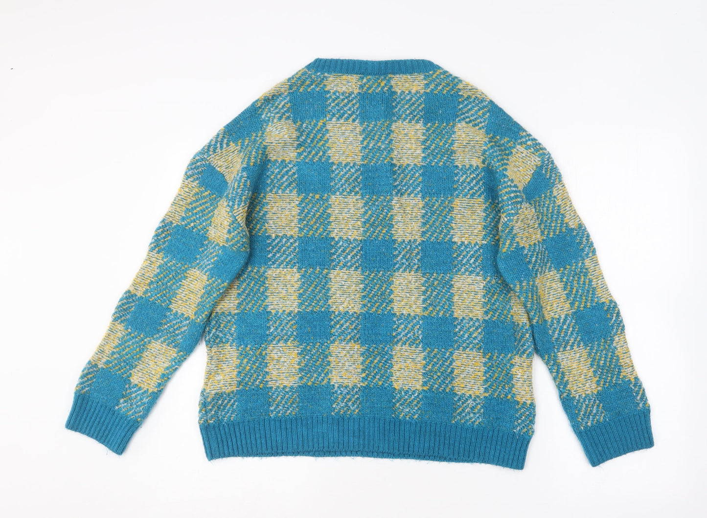Savida Womens Blue Round Neck Check Acrylic Pullover Jumper Size S