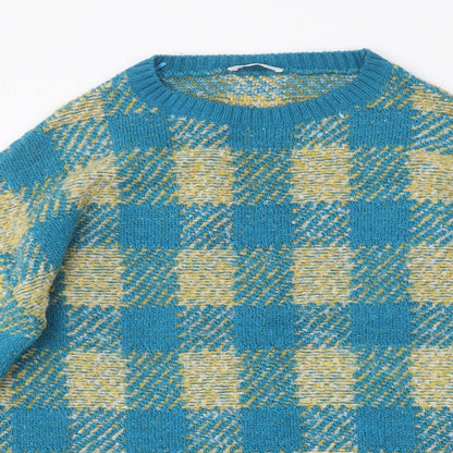 Savida Womens Blue Round Neck Check Acrylic Pullover Jumper Size S