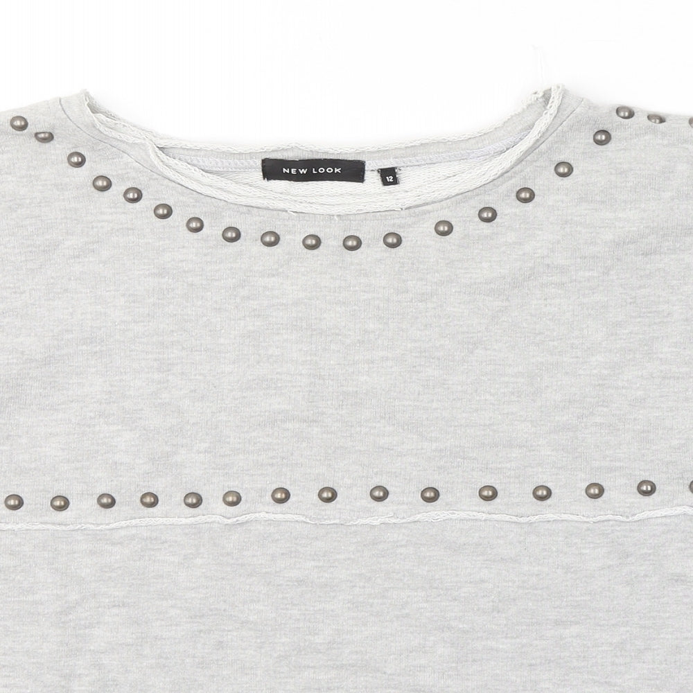 New Look Womens Grey  Cotton Jersey Blouse Size 12 Round Neck