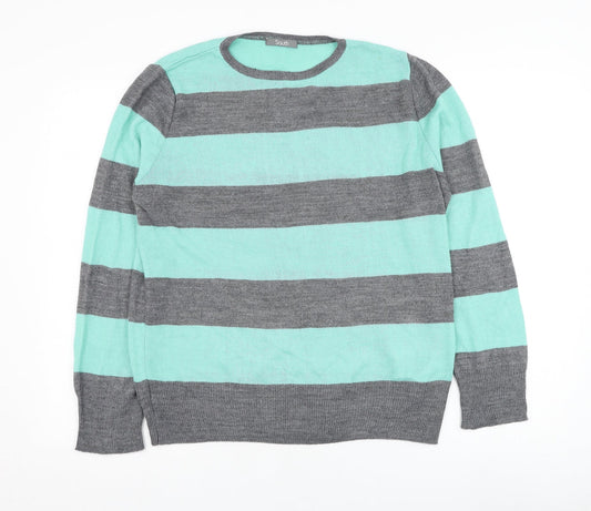 South Womens Green Round Neck Striped Acrylic Pullover Jumper Size 14