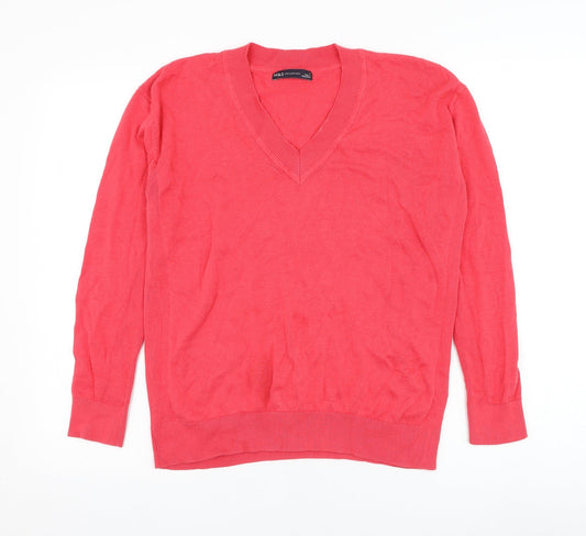 Marks and Spencer Womens Pink V-Neck  Cotton Pullover Jumper Size S
