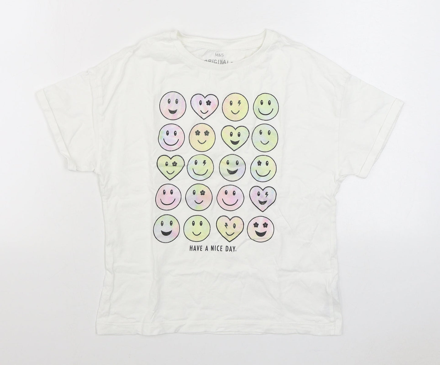 Marks and Spencer Boys White  100% Cotton Basic T-Shirt Size 11-12 Years Round Neck Pullover