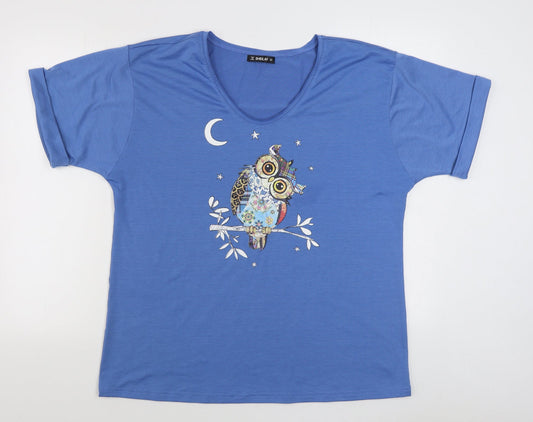 Sheilay Womens Blue  Polyester Basic T-Shirt Size S V-Neck