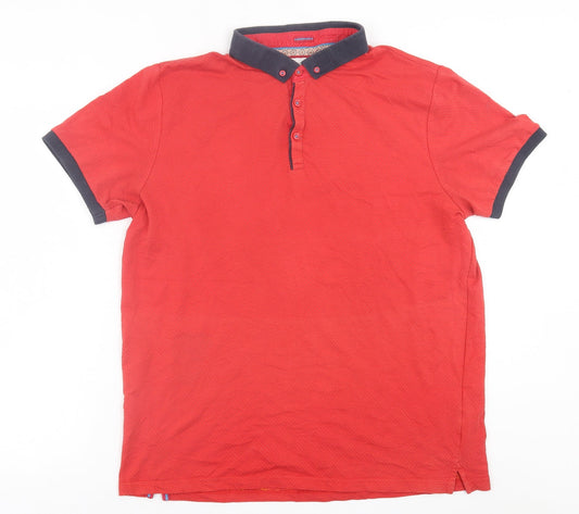 Centered Mens Red  Cotton  Polo Size L Collared Button