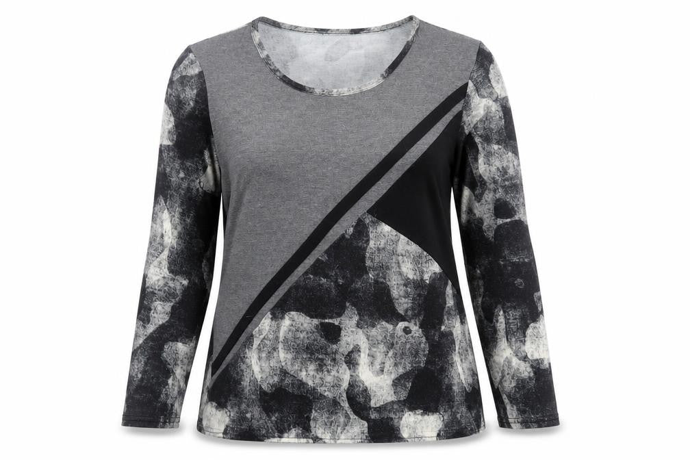 Gerard Womens Grey Geometric Polyester Basic T-Shirt Size 10 Crew Neck