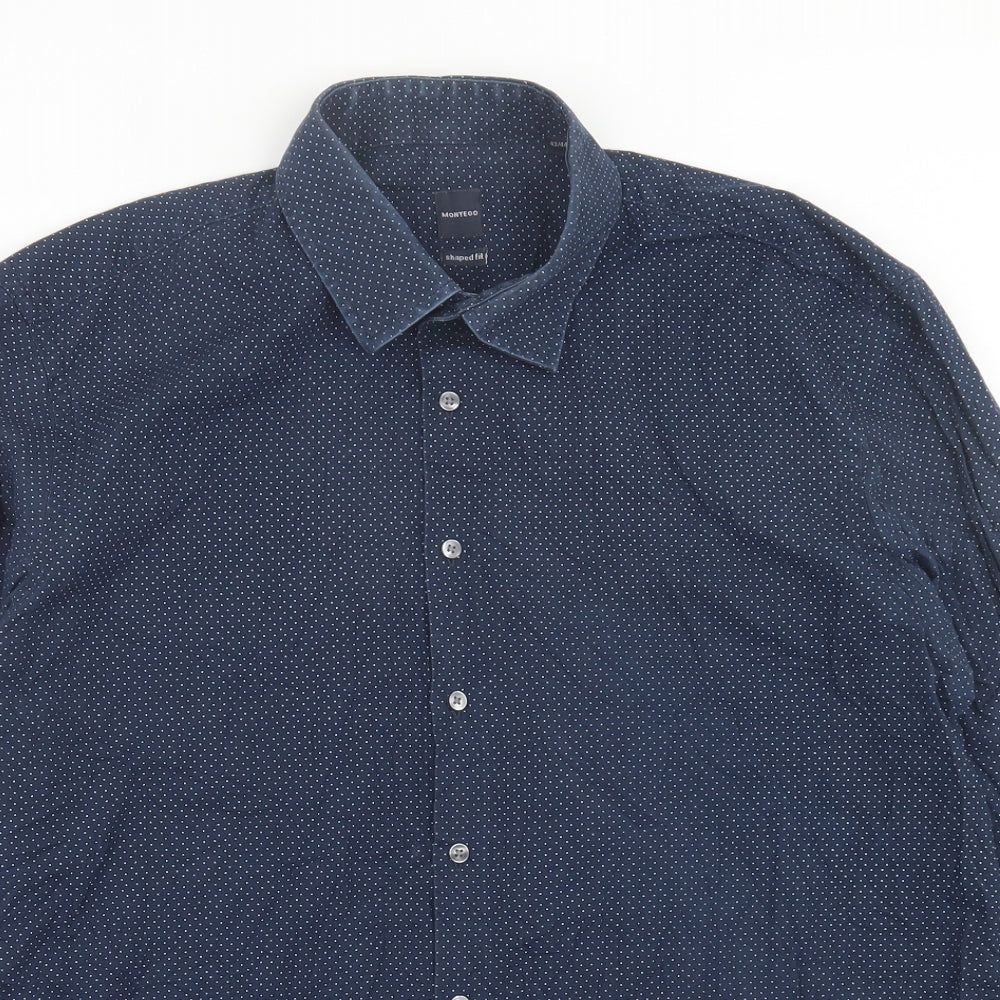 Montego Mens Blue Polka Dot Polyester  Button-Up Size L Collared Button