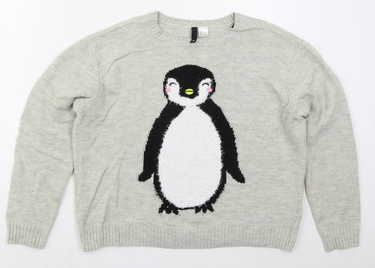 H&M Womens Grey Crew Neck  Acrylic Pullover Jumper Size S   - Penguin
