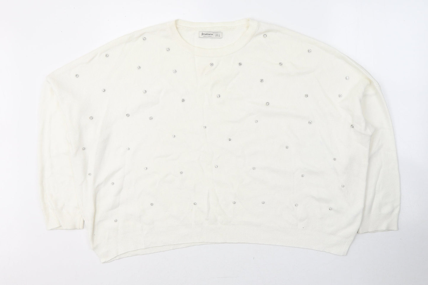 Stradivarius Womens White Round Neck  Cotton Pullover Jumper Size L