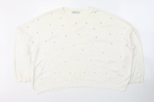 Stradivarius Womens White Round Neck  Cotton Pullover Jumper Size L