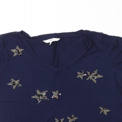 Preloved NEXT Womens Blue  Viscose Basic T-Shirt Size 6 Round Neck - Stars - Detail