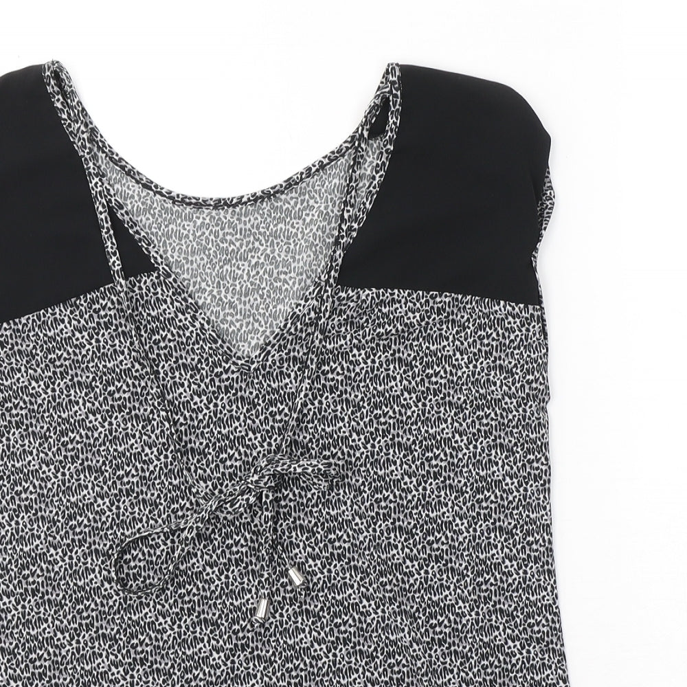 Oasis Womens Black Animal Print Polyester Basic Blouse Size XS V-Neck