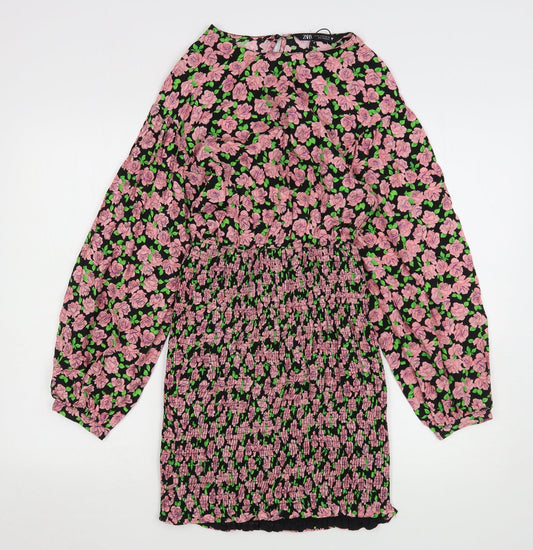 Zara Womens Pink Floral Viscose Sheath  Size XS  Round Neck