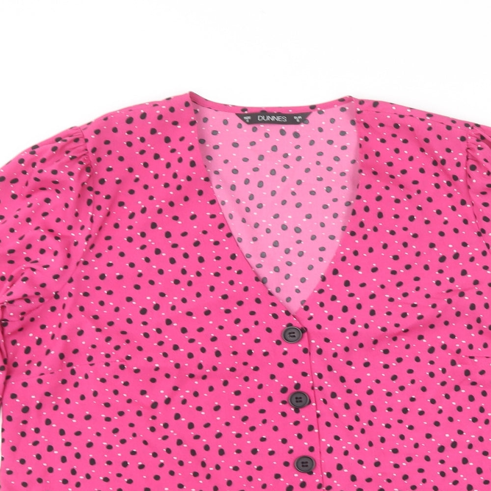 Dunnes Stores Womens Pink Polka Dot Polyester Basic Button-Up Size S V-Neck