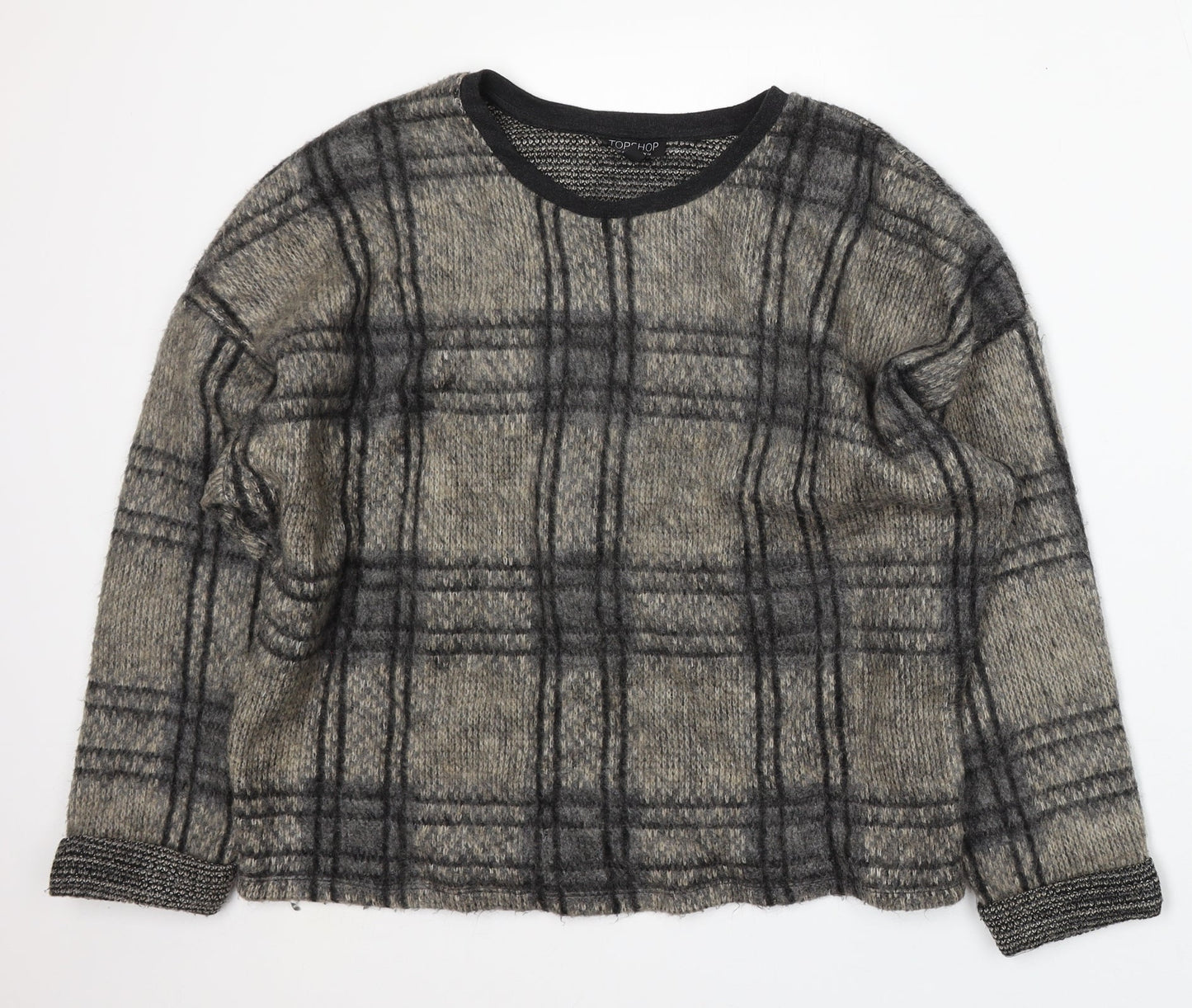 Topshop Womens Beige Round Neck Check Acrylic Pullover Jumper Size 14
