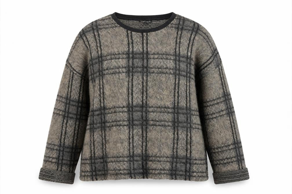 Topshop Womens Beige Round Neck Check Acrylic Pullover Jumper Size 14