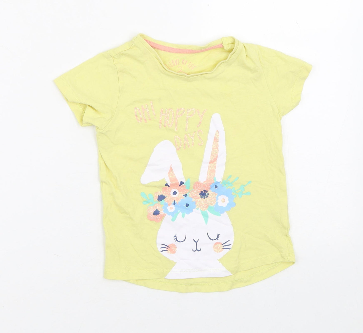 I LOVE MY TEE Girls Yellow  100% Cotton Pullover T-Shirt Size 2-3 Years Crew Neck  - Bunny